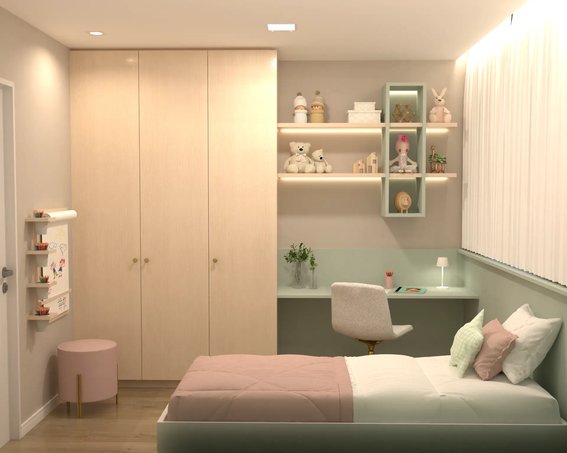 Quarto infantil em tons de verde e rosé com escrivaninha