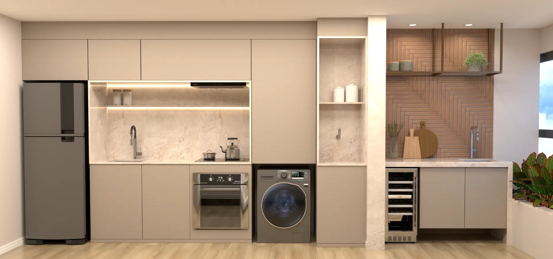 Cozinha com bancada em mármore, eletrodomésticos embutidos e parede ripada